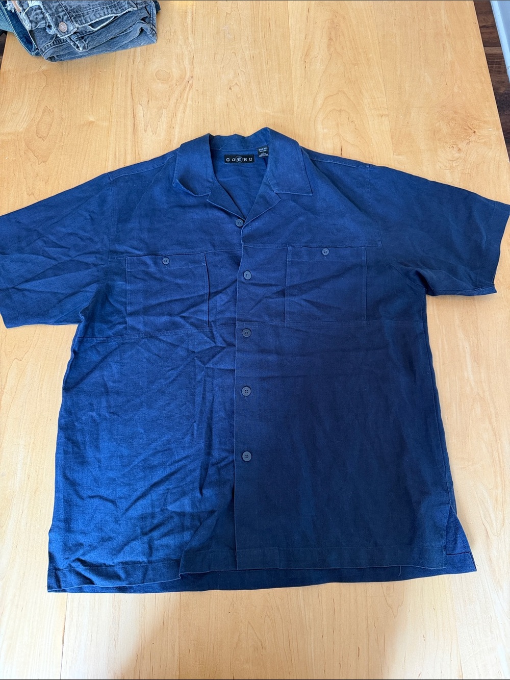Gochu Navy Short-Sleeve Linen Button Shirt